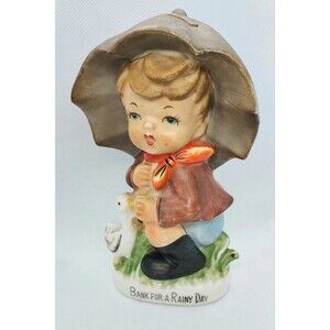 Vintage Japan Bank For A Rainy Day Boy Umbrella Goose Ceramic Bank Excellent 6"
